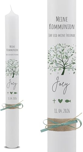 VILLA ROSA LOTTA – Personalisierbare Kommunionkerze „Joey“ mit Wunschdaten, Rückseite und Holzbox | Lebensbaum grün Motto 2026 | 40 cm x 4 cm | für Jungen und Mädchen | Altarkerze elfenbein