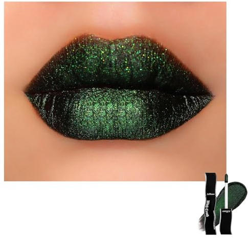 Goth-grüner Glitzer-Lippenstift für Damen, schwarzer, grüner, metallisch-multichromer Flüssig-Lippenstift, hochpigmentierte, nicht klebende Multichrom-Schimmer-Lippenfarbe für Gothic-Halloween-Make-up