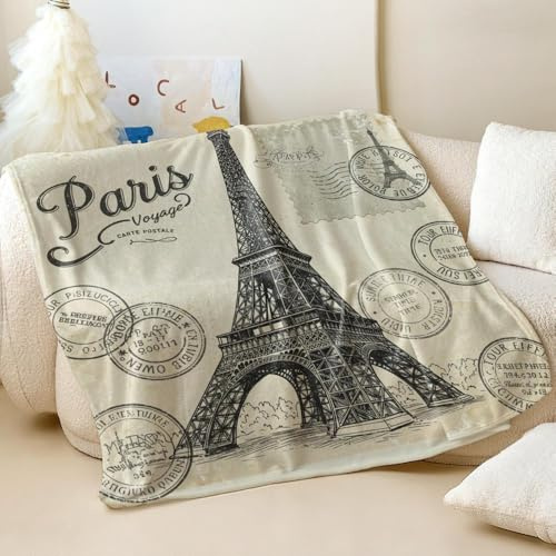 Flanelldecke mit Vintage-Eiffelturm-Motiv, nostalgischer Stil, Überwurfdecke für Sofa und Bett, perfekt für Reisen und Camping (02,130 x 150 cm)