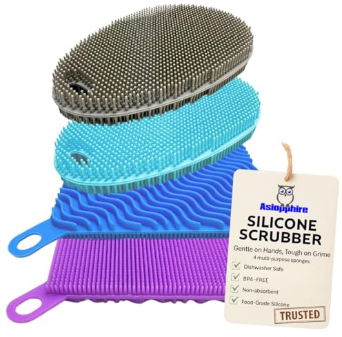 Asiopphire Double Sided Silicone Scrubbing Sponges - Odor and Germ Resistant Food Grade Washing Pads for Food, Dishes, and Baby Bottles. Dish Washer Safe, Long Lasting Design. 2 Sizes, 4 Pack