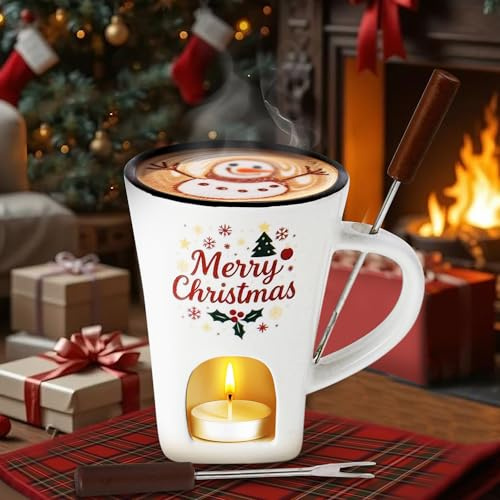 Hot Chocolate Fondue Mug Set – Ceramic Chocolate Melting Fondue Cup With 2 Forks, Personal Cheese,Sweet Caramel Melting And Butter Warmer Pot Gift Set for Christmas, Birthday,Wedding, Date Night