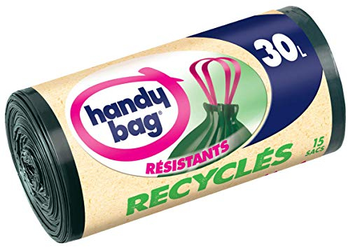 Handy Bag 15 Sacs Poubelle 30 L, Poignees Coulissantes, Recycles, Resistant, Anti-Fuites, 53 x 63 cm, Vert Fonce, Opaque