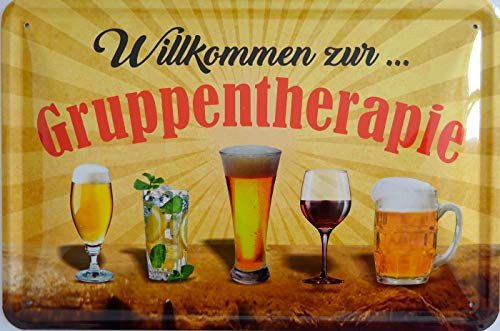 vielesguenstig-2013 Blechschild Schild - Willkommen Gruppentherapie Trinken Alkohol Bier Wein gewölbt