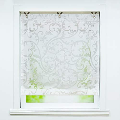 Joyswahl Voile Ösenrollo Transparenter Raffrollo mit Blumen Ausbrennerqualität »Jesscia« Schals Fenster Gardine mit Hakenaufhängung, Raffrollo ohne Bohren BxH 120x130cm, Weiß 1 Stück