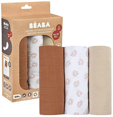 BÉABA, 3-er Set Mullwindeln, Spucktücher, Bio-Baumwollmusselin, Mehrzwecktücher: Wickeldecke, Lätzchen, Kuscheltuch, Superweich, Luftdurchlässig, Groß, 70 x 70, Ökologisch und Gesund, Motiv Igel