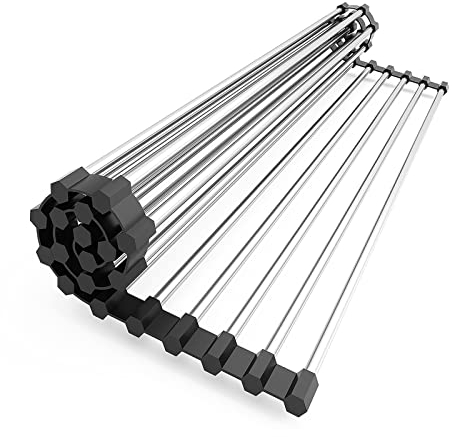 Suneast Escurridor de platos, plegable, enrollable, resistente al calor, de acero inoxidable, sobre el fregadero, encimera de cocina, color negro, 47 x 40 cm
