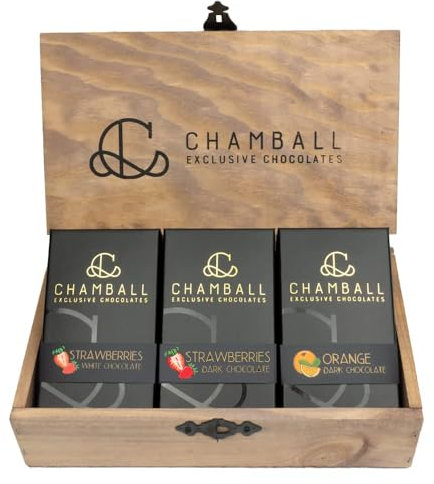 Chamball Degustación Fruits · 3 Cajas de Bombones, fresas con chocolate negro, Naranja confitada con chocolate negro y fresas con chocolate blanco· Perfecto para Regalar