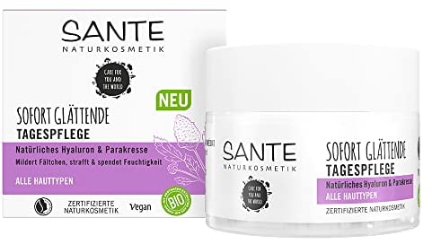 SANTE Naturkosmetik Glättende Tagespflege, Feuchtigkeitsspendende Tagescreme für einen strahlenden Teint, Mit natürlichem Hyaluron und Parakresse, 1 x 50 ml