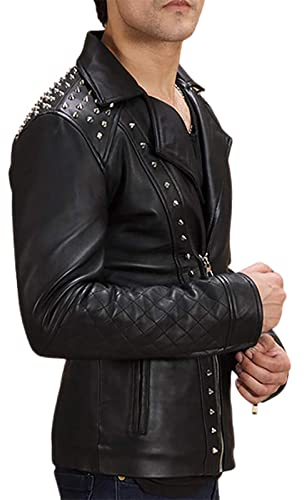 Brando Motorradjacke für Herren, Rock-/Punk-Spike-Nieten, Biker-Lederjacke, Schwarz, Schwarz