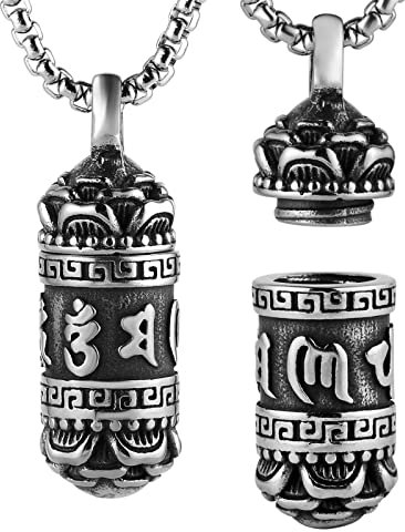 STWTR Tibetan Buddhist Meditation Stainless Steel Pendant Memorial Cremation Ash Pill Container Necklace Men's Ladies Comes with 23.6 Chain, Stainless Steel, not known