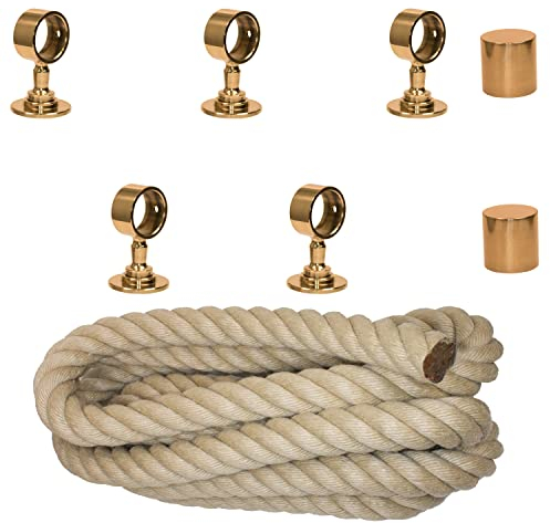Handlaufseil Set 30mm - bestehend aus 2 Endkappen 5 Seilträger Messing glänzend und 5m Nature Touch Handlaufseil naturfarben