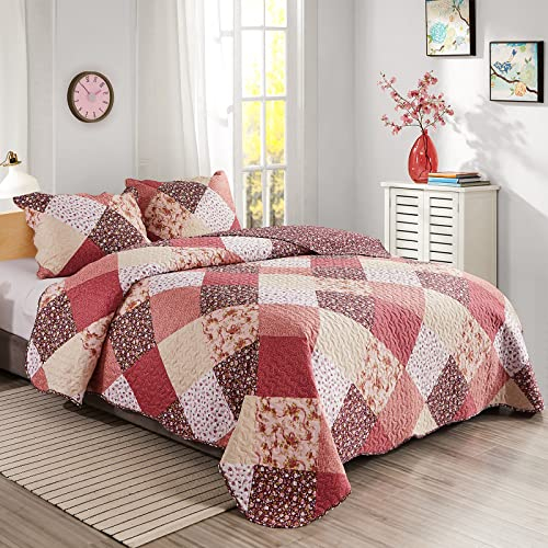 Qucover Patchwork Couvre Lit, Dessus de Lit et 2 Personnes 220x240 cm avec 2 Taies d'oreiller 50x75 cm, Ensemble Matelassé Réversible Multicouleurs Rose Decoratif pour Chambre