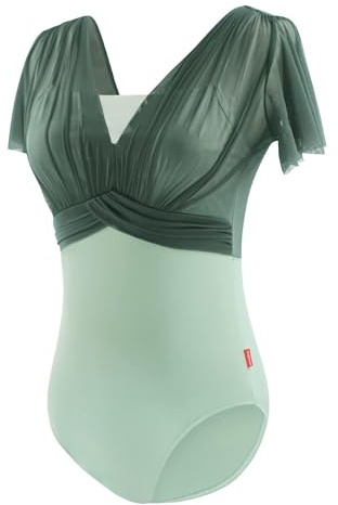 Daydance Green Dance Gymnastikanzug für Damen, Teenager, Mädchen, Lyrical Ballettbody mit verstellbaren Trägern, eine Größe größer