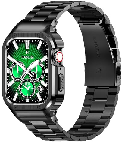 HASLFM Stainless Steel Straps with Case Compatible with Apple Watch Series 9/8/7/SE/6/5/4/3/2/1(41mm/40mm/38mm), Rugged Metal iWatch Band and Protective Cover for Men, Black