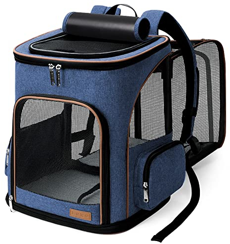 Lekesky Groß Katzenrucksack Hunderucksack für Katzen und Hunde bis 8-10kg, Erweiterbar Faltbare Haustier Rucksack mit Innerer Sicherheitsleine und 2 Haustiermatte, Blau, XL