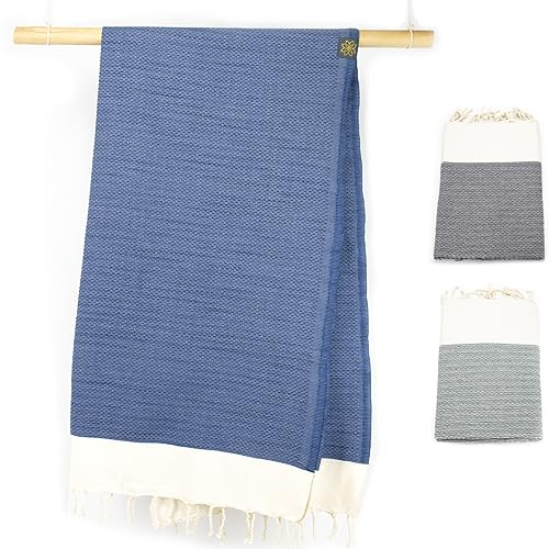ANNA ANIQ Extra Weiches Fouta Hamam-Tuch - XXL Extra Groß 200 x 100cm Sauna-Tuch - 100% Baumwolle aus Tunesien als Strand-Tuch, Türkisches Bade-Tuch (Blau)