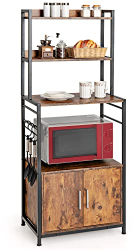 GIANTEX Estantería de Cocina de Estilo Industrial, Estante de Almacenamiento de 5 Niveles para Puertas y 3 Ganchos, Soporte para Microondas con Patas Ajustables
