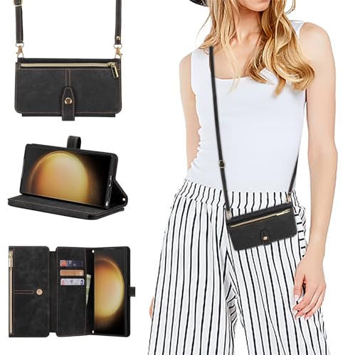 ZCDAYE Hülle für Samsung Galaxy S23 Ultra mit Band Handykette, Leder Samsung S23 Ultra Handyhülle Handytasche mit Kartenfächern Frauen Brieftasche Klapphülle Tasche Samsung S23 Ultra,Schwarz
