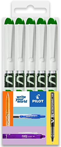 Pilot V PEN - Erasable Disposable Fountain Pen - 0.6mm Nib Tip - Medium Line - Pillow Pack of 5 - Green Ink