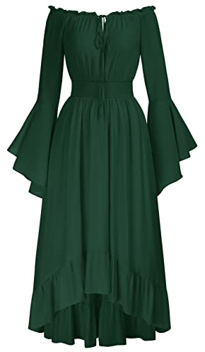 Damen Renaissance Corsagenkleid Schulterfrei mit Taschen A-Linie Rüschenkleid Dunkelgrün L