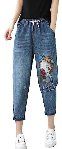 CLKPEN Pantalones vaqueros para mujer de verano con flores bordadas, pantalones casuales ligeros para mujer, pantalones vaqueros de cintura alta, cintura elástica con cordón, informales, holgados,