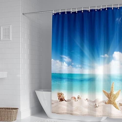 Mesnt Duschvorhang Strand 120x180, Seestern-Muschelstrand Polyester Textil Wannenvorhang, Blaubeige