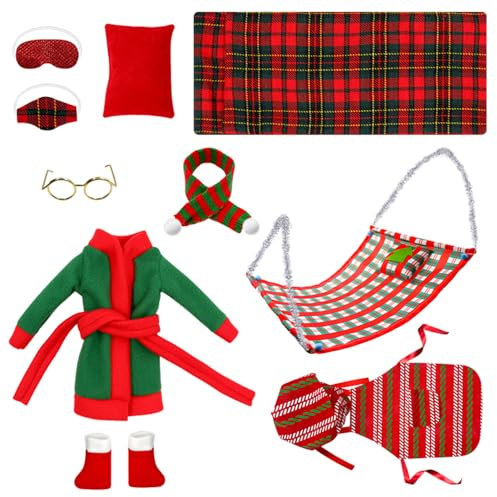 10 Stück Weihnachten Elf Puppe Kostüm Zubehör, Puppen Zubehör Weihnachtselfen Elf Hängematte, Schlafsack, Schürze, Schal, Brille, Augenmaske, Kopfkissen, Schuhe, Bademantel, Kleidung Kleider für Elf
