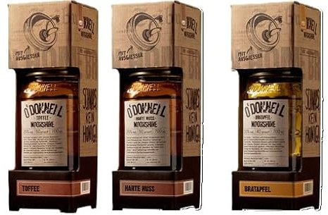 3 Gläser O'Donnell Moonshine Kombi Set aus 3 Sorten mit Ausgießer a 0,7 Liter 20-25% vol. 1x Harte Nuss, 1x Toffee, 1x Bratapfel