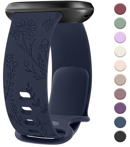 Vancle für Fitbit Versa 3 Armband/Fitbit Versa 4 Armband/Fitbit Sense Armband/Fitbit Sense 2 für Damen Herren, Silikon Armbänder Floral Gravierte Uhrenarmband Sport Ersatzarmband, Navy Blau