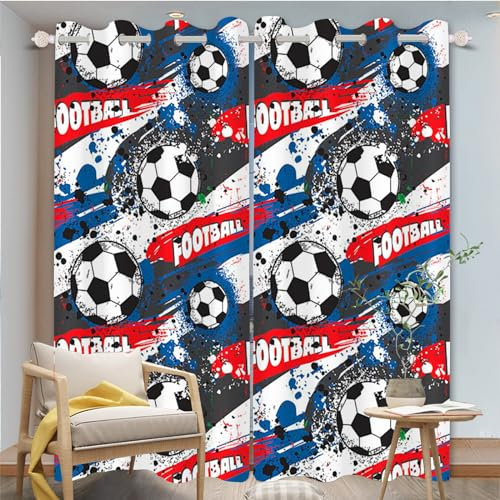 FABTOP Fußball Gardinen Verdunklungsgardine Kinder Jungen Sport Vorhänge 3D-Druck Fußball Kunst Gardinen Blickdicht Für Kinderzimmer Wohnzimmer (3,100×140BxH (50×140cm×2))
