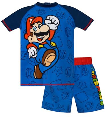 Super Mario Boys Swim Set | Two Piece Boys Swimming Costume | Gaming Kids Rash Vest and Swim Shorts | Blue 3-4 Years