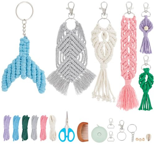 INFUNLY 6 Sets DIY Makramee-Schlüsselanhänger-Set, Muschel-Makramee-Armband-Schlüsselanhänger-Set, Anleitung Im Lieferumfang Enthalten, Ozean-Themen-Makramee-Schlüsselanhänger-Herstellungsset, Gedreht