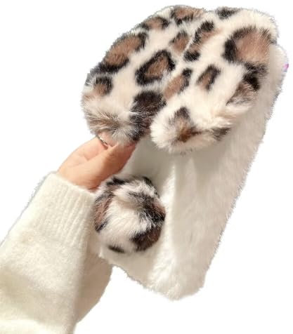 SEHEYA Plüsch Hülle für iPhone 14 Flaumig Süßer Hase Handyhülle Kunstpelz Bommel Flauschige Schutzhülle Weich TPU Silikon Case Frauen Mädchen - Leoparddruck Weiß