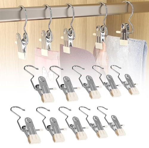 Space-Saving Clothespin 10 PCS Hat Pants Storage Hanging Travel Hook, Stainless Steel Boot Hangers Clips Boot Hangers for Closet, Laundry Hooks Hanging Clips Clothes Pins Socks Towel Clips (White)
