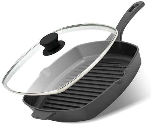 Northriver Casting 10.5 Inch Cast Iron Square Grill Pan with Tempered Glass Lid, Heavy Steak & Bacon Pans for Stove Tops