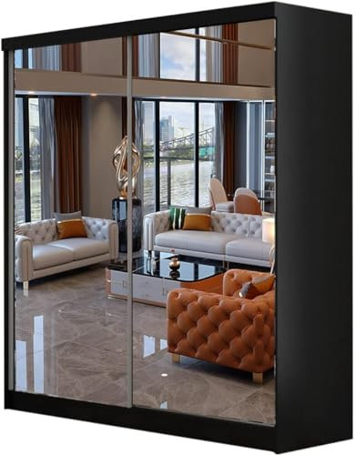 SLIDING WARDROBE 4U Berlin Free Standing Sliding Double Mirror Door Wardrobe (Black, 150cm)