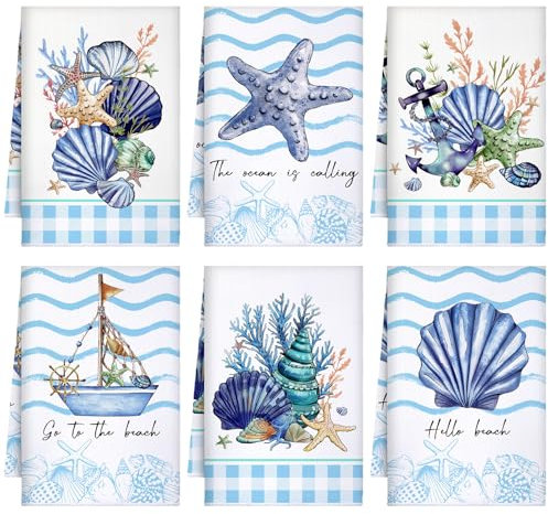 Bencailor Geschirrtücher mit Meeresmotiv, saugfähig, weich, nautische Geschirrtücher für Frühling, Sommer, Küchendekoration (Büffelkaro, Muschel-Seestern), 6-teilig