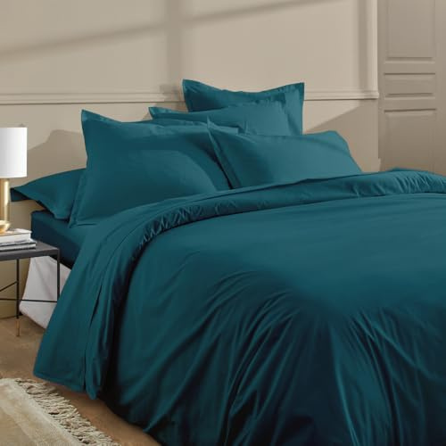 Duquennoy & Lepers – Parure de Lit 2 Personnes 240x220 CM et 2 Taies – Percale 80 Fils 100% Coton Qualité Hôtel – Housse de Couette Grand Lit Finition Rabat – Oeko-TEX® Made in Green – Uni Emeraude