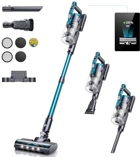 Aspirapolvere Senza Fili 450W/38Kpa, Scopa Elettrica Senza Fili Potente, 55 Mins e 3 Modalità, OLED Screen e Anti-avvolgimento con Aromaterapia Aspirapolvere Potente per Pavimento Tappeti Peli Animali