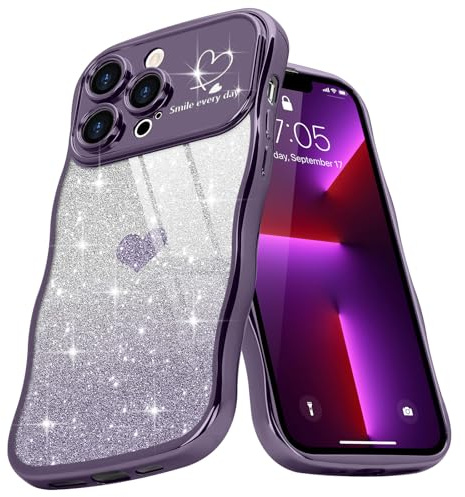 Teageo Cute Heart Pattern Curly Phone Case for iPhone 13 Pro Max, Wave Frame Glitter Case for Girls Women Aesthetic Bling Cover Shockproof Soft TPU Bumper for iPhone 13 Pro Max, Purple