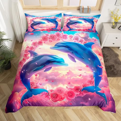 Homewish Housse de Couette 240 x 260 Enfant Dauphin Bleu avec 2 Taies d'oreiller, Parure de Lit Rose pour Ado Fille Femme, Sets de Housses de Couettes Fleurs Romantiques, Couvre Lit Ciel Étoilé