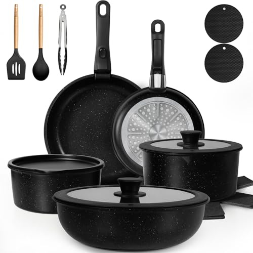 Nonstick Pots and Pans Set - 20 Pack KIKCOIN Stackable Cookware Set with Detachable Handle, RV Kitchen Cooking Set with Removable Handles - Oven Safe, Induction Ready (Black)