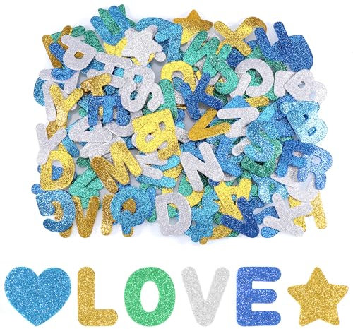 Hejo 196 Stück Moosgummi Buchstaben, Funkeln Buchstaben Aufkleber, Bunte Glitzer Buchstaben Selbstklebend, Glitter Alphabet Klebebuchstaben Groß für Kartendekoration Kinder Lernen