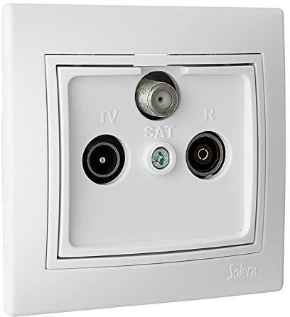 Toma final blanca para TV, satélite y radio, compatible serie Europa, ideal para conexiones multimedia.