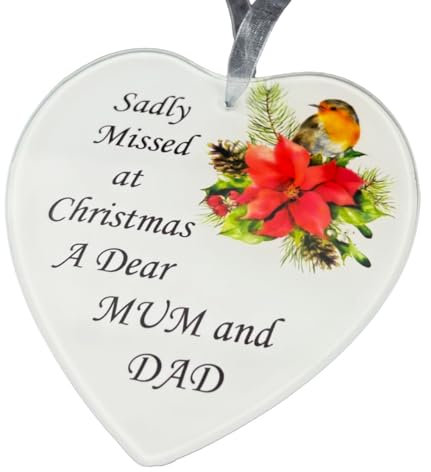 Angraves Dear Mum and Dad Christmas Robin Memorial Tree Hanger Hanging Decoration Glass Love Heart Gift Plaque Memento Tribute Poinsettia Flower