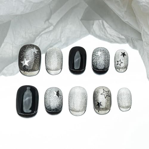 Sun&Beam Nails Handgefertigte Kunstnägel Kurz Squoval Rund Nägel zum Aufkleben in Schwarz Silber Magnetisches Glänzend Stern Design mit Klebepads 10 Stück (#204 M)