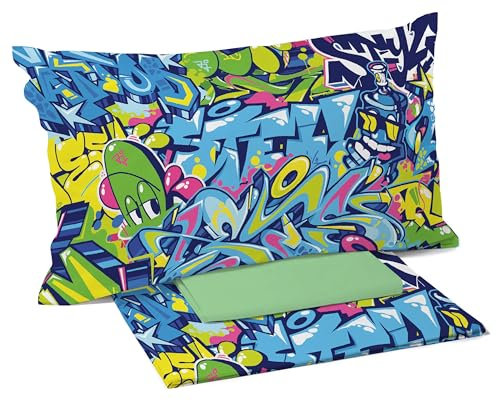 Riad Arredo Set Completo Letto Stampa Digitale 100% Cotone Ideale Ragazzi Bambini Divertente Made in Italy (Graffiti, Singolo)