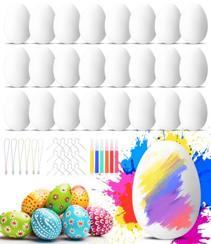 Ostereier Plastik, 25 Stück Ostereier zum Aufhängen, Ostereier zum Selbst Bemalen Beschriften, Eier Kunststoff mit Seil Basteln, Perfekte Osterdeko und Frühlingsdeko