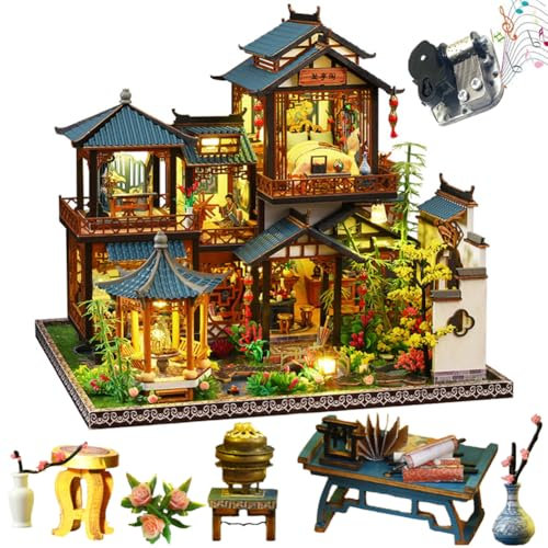 TOPBSFARNY Kit maison de poupée 3D en bois assemblée - Scène miniature chinoise - Scène de cour musicale - Cadeau Halloween ou anniversaire