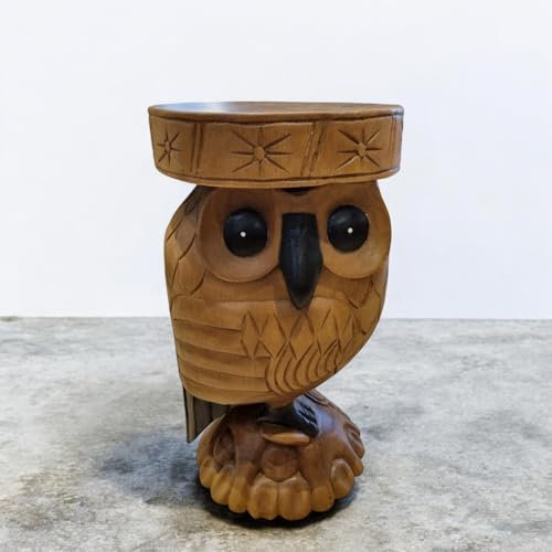 Kinaree Beistelltisch NOK HUUK Eule aus massivem Suar Holz – Handgeschnitzter Nachttisch oder Blumenständer im asiatischen Design – Naturholz Unikat aus Indonesien (Braun)